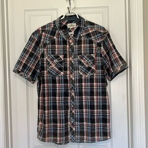 Distillery men’s short sleeve plaid western,  cowboy core pearl snap shirt